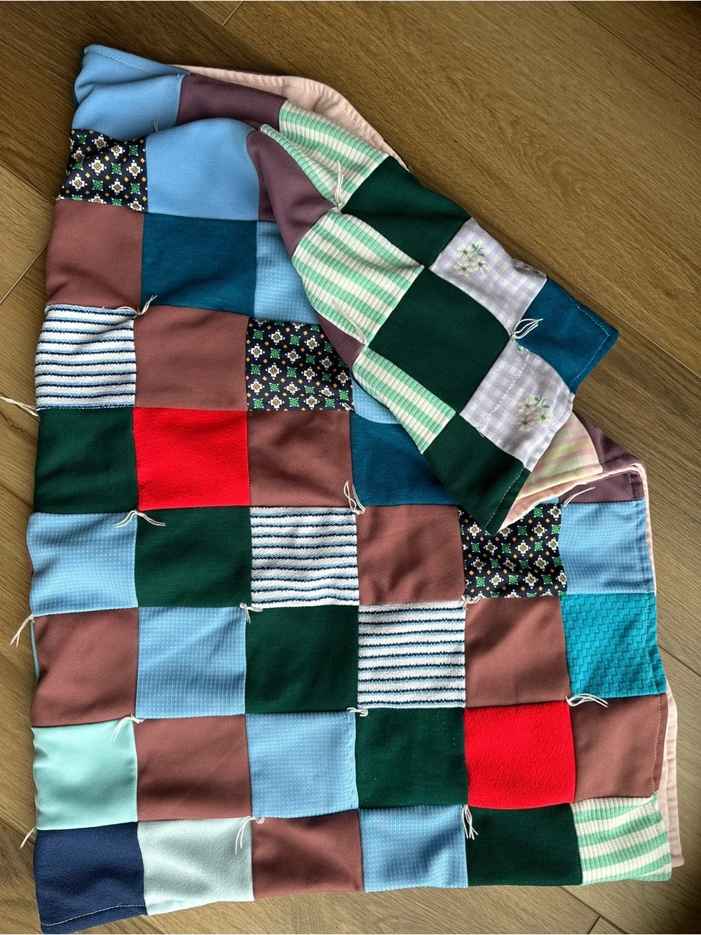Handmade vintage lap patchwork quilt blanket Hand stitched blue green pink 45x30